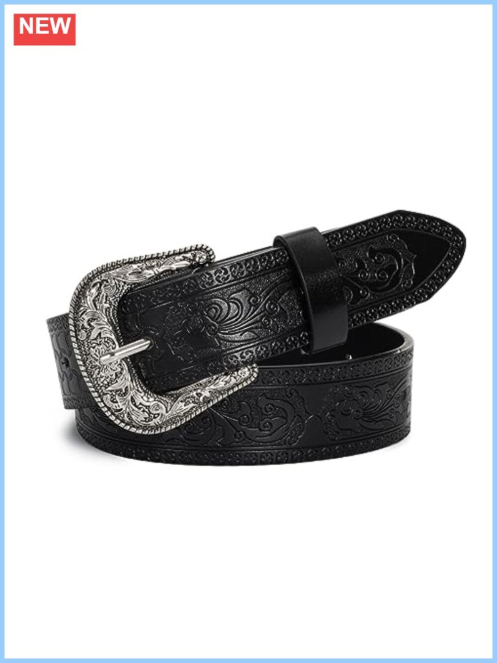 Western Cowboy Belt PU Leather Carved Turquoise Buckle Waist - Picture 1 of 6